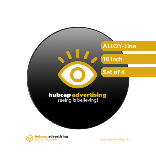 Example of the ALLOY-Line 16 inch non rotating wheel covers for car and taxi cab advertisement with sticker example by Hubcap advertising.