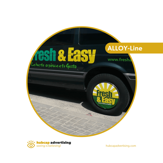 ALLOY-Line non rotating wheel cover taxi advertising ad with branding sticker ads on hubcap.