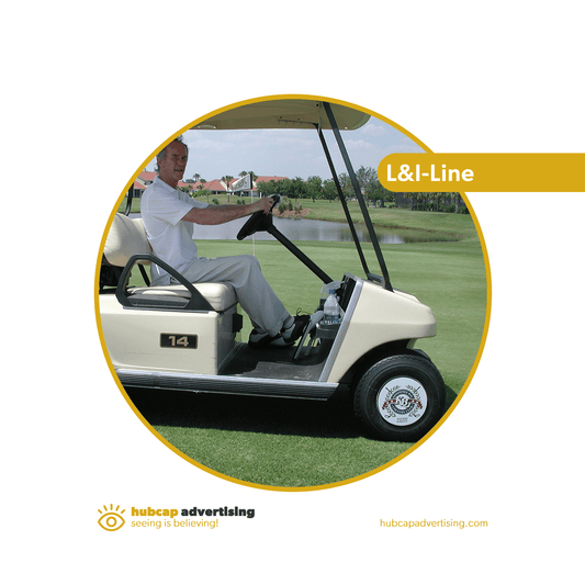Photo golf cart on a golf course L&I-Line non rotating wheel covers for golf carts and small industrial vehicle advertising.