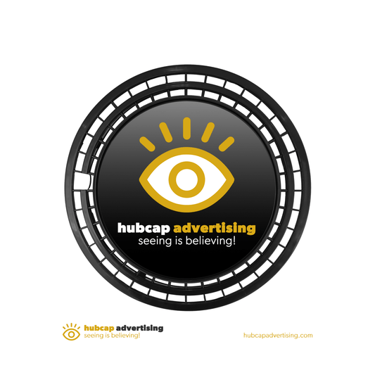 Example of the ABS-Line 14 inch non rotating wheel covers for car and taxi advertisement with sticker example by Hubcap advertising.