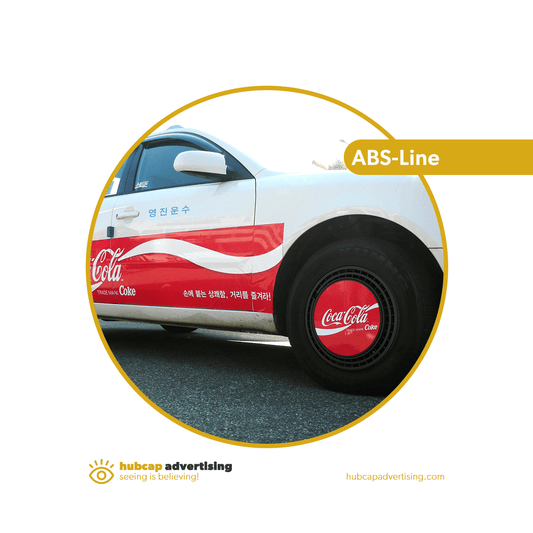 ABS-Line non rotating wheel covers for car and taxi advertising with branding sticker ads on hubcap.