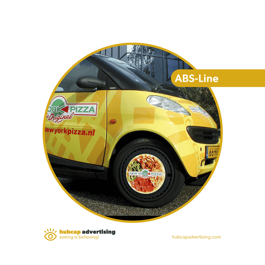 ABS-Line non rotating wheel covers for car and taxi advertising with branding sticker and car wrapping.