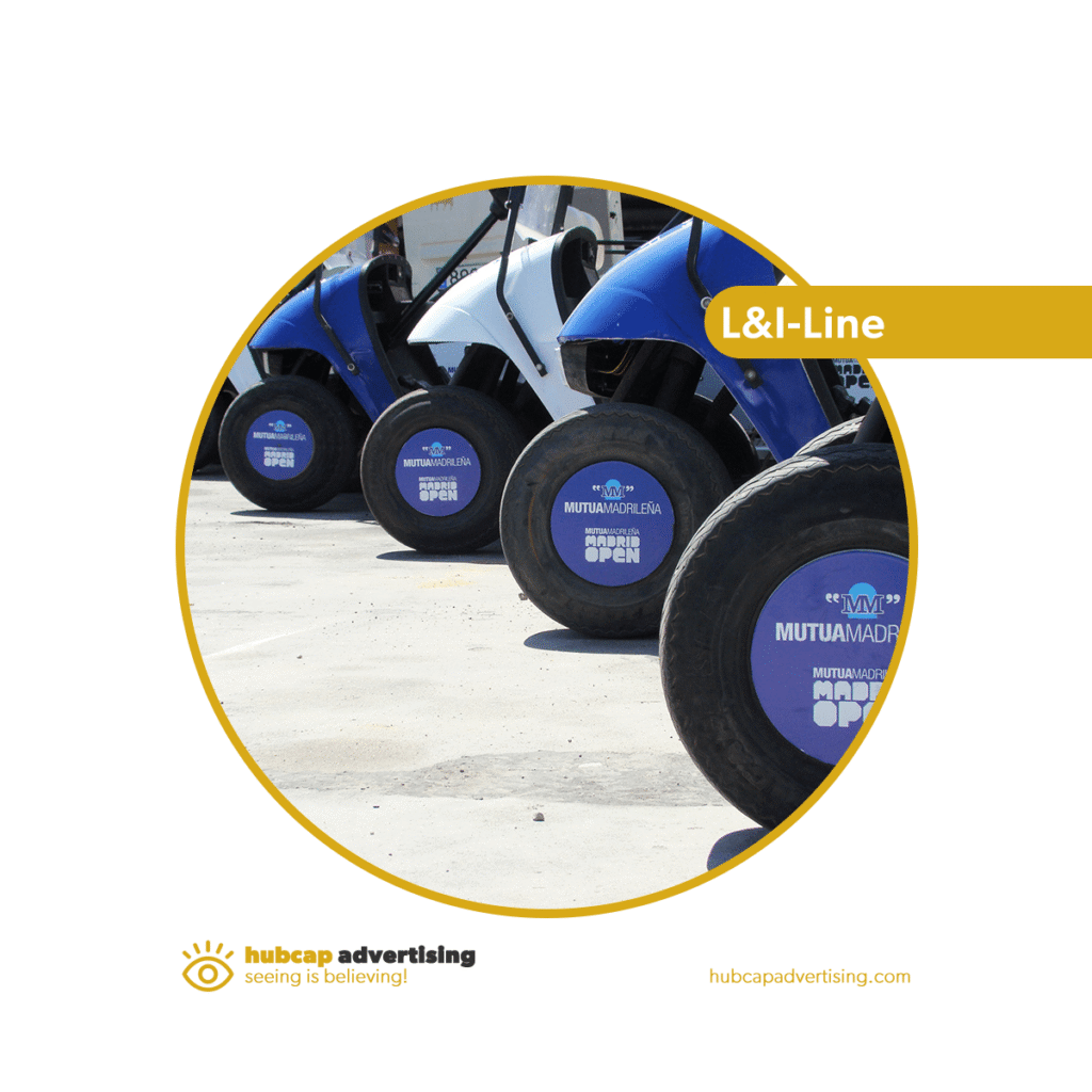Hubcap advertising for golf carts. (Golf cart ads)